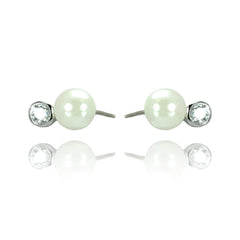 Sterling Silver Modish White Pearl with Single Clear Cz on Bezel Setting Stud EarringAnd Earring Dimensions of 6.5MMx4MM