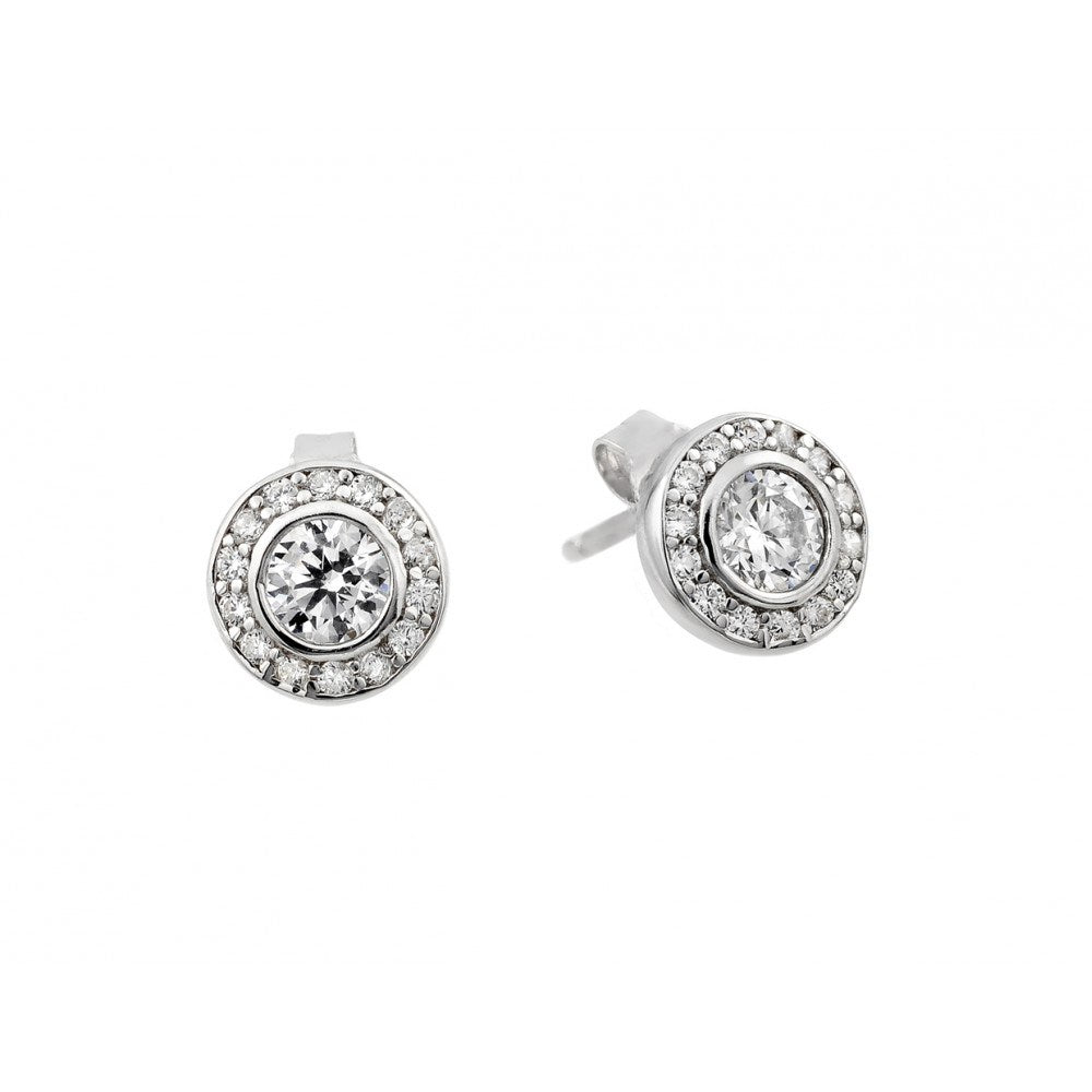 Sterling Silver Rhodium Plated Fancy Round Stud Earrings with Clear Round CZ StonesAnd Earring Dimensions of 8MMx8MM and Friction Back Post