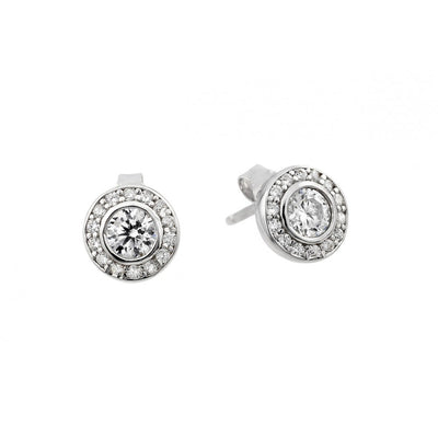Sterling Silver Rhodium Plated Fancy Round Stud Earrings with Clear Round CZ StonesAnd Earring Dimensions of 8MMx8MM and Friction Back Post