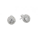Sterling Silver Rhodium Plated Fancy Round Stud Earrings with Clear Round CZ StonesAnd Earring Dimensions of 8MMx8MM and Friction Back Post