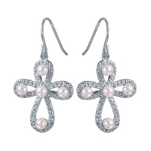 Load image into Gallery viewer, Sterling Silver Rhodium Plated Stylish Rounded Cross Earrings With Mother of Pearls AccentsAnd Earring Dimensions of 30MMx16MM