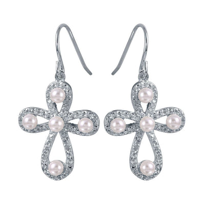 Sterling Silver Rhodium Plated Stylish Rounded Cross Earrings With Mother of Pearls AccentsAnd Earring Dimensions of 30MMx16MM