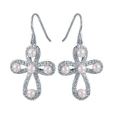Sterling Silver Rhodium Plated Stylish Rounded Cross Earrings With Mother of Pearls AccentsAnd Earring Dimensions of 30MMx16MM