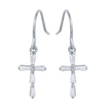 Load image into Gallery viewer, Sterling Silver Nickel Free Rhodium Plated Small Cross Earrings With CZ Baguette Accents
