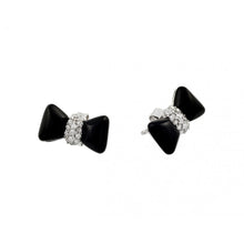 Load image into Gallery viewer, Sterling Silver Rhodium Plated Black Enamel Bow Tie Earrings with Cz Pave MiddleAnd Earring Dimensions of 7MMx12MM and Friction Post Back