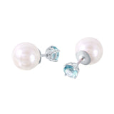 Sterling Silver Rhodium Plated Faux Pearl Birthstone Stud Earrings With Light Blue