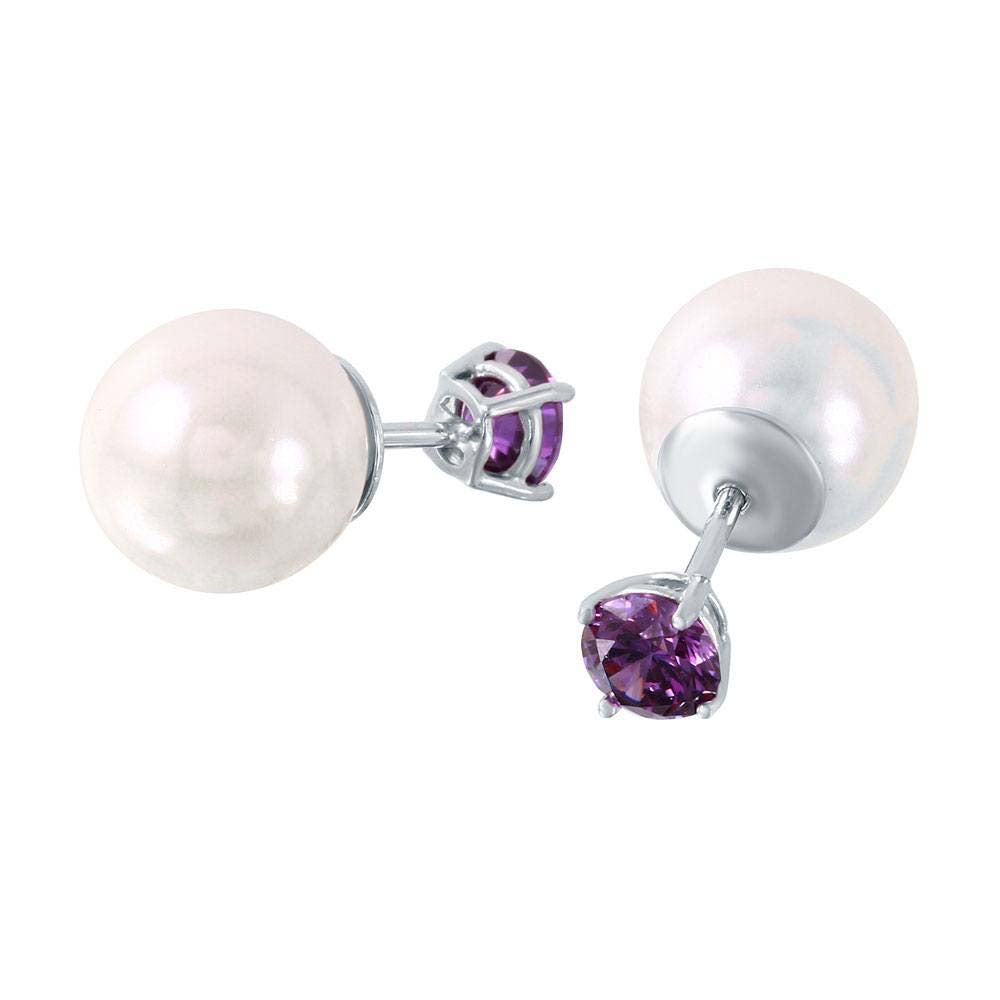 Sterling Silver Rhodium Plated Faux Pearl Birthstone Stud Earrings With Purple