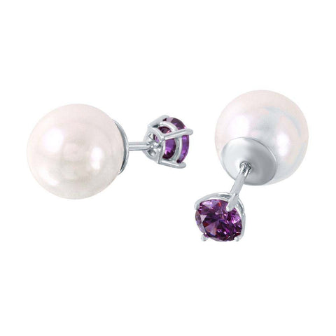 Sterling Silver Rhodium Plated Faux Pearl Birthstone Stud Earrings With Purple