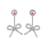 Sterling Silver Trendy Round Pink Cz and Dangling Pave Bowtie Stud Earring with Friction Back PostAnd Earring Dimensions of 20MMx12MM