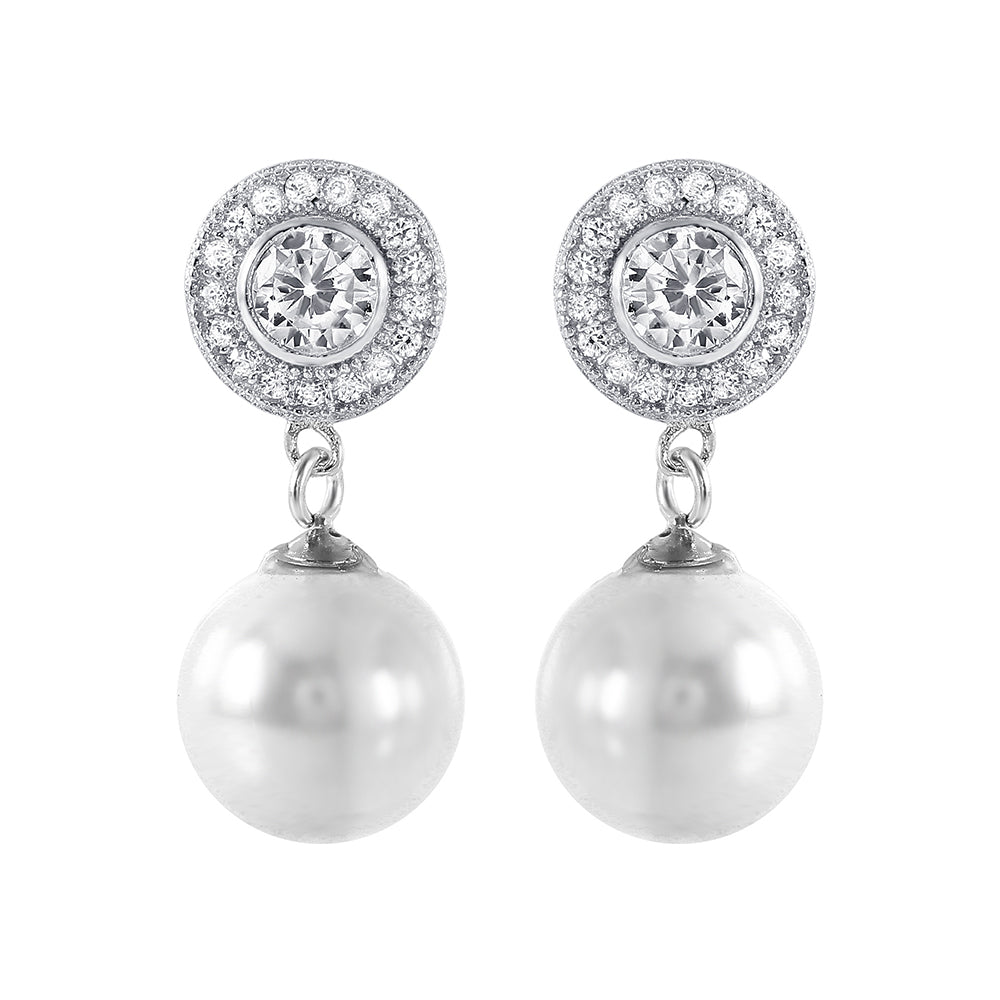 Sterling Silver Elegant Cz Cluster with Dangling White Pearl Stud EarringAnd Friction Back PostAnd Earring Dimensions of 23MMx10MM