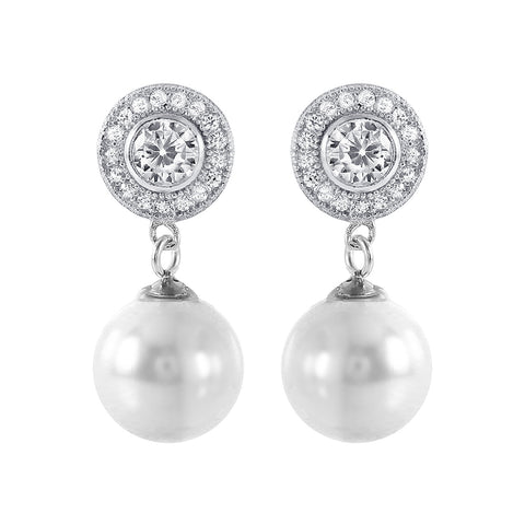 Sterling Silver Elegant Cz Cluster with Dangling White Pearl Stud EarringAnd Friction Back PostAnd Earring Dimensions of 23MMx10MM