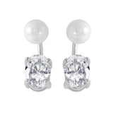 Sterling Silver Classy White Pearl and Dangling Oval Cut Clear Cz Stone Stud Earring with Friction Back PostAnd Earring Dimensions of 17MMx5MM
