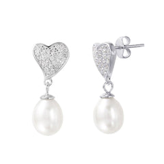 Sterling Silver rhodium Plated CZ Paved Heart Earrings with Synthetic Pearl DangleAnd Earring Dimensions of 24MMx10MM and Friction Post Back