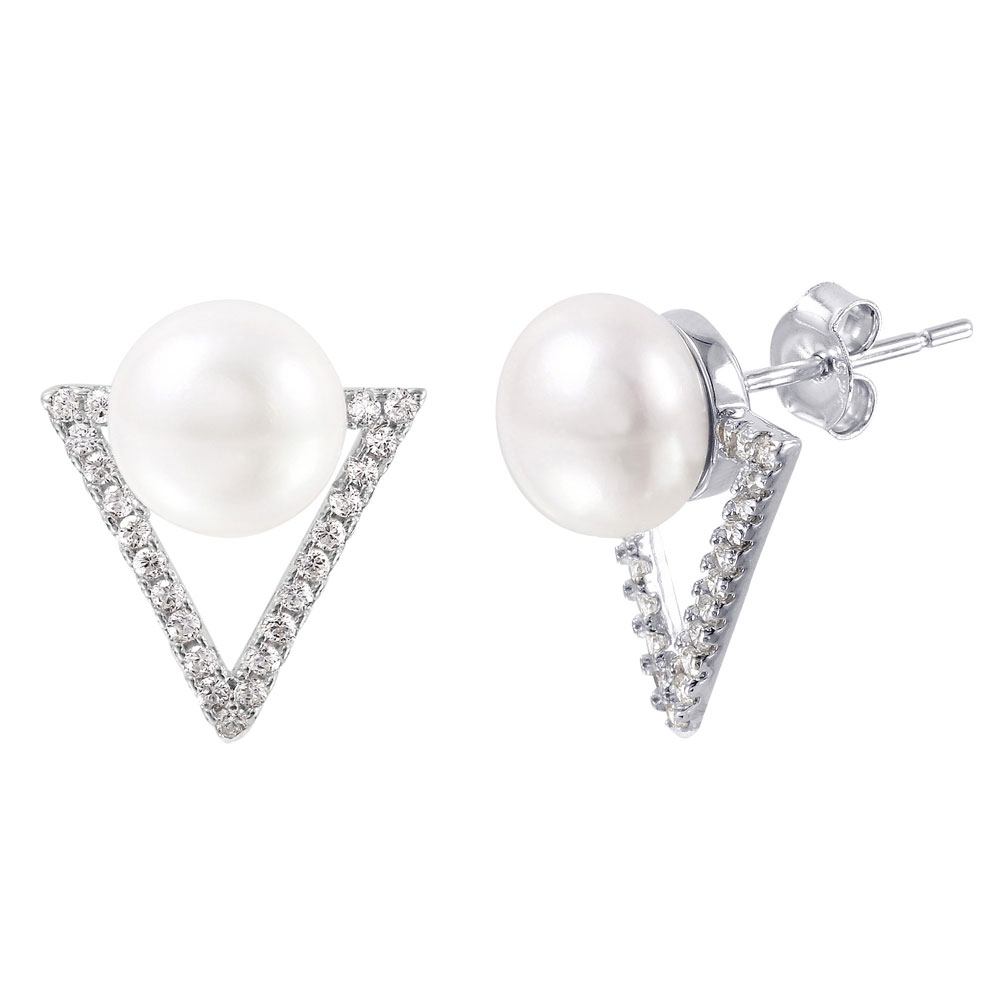 High Polished Sterling Silver Rhodium Plated Clear CZ Paved Open Triangle Stud Earrings with Round White PearlAnd Earring Dimensions of 18MMx15MM