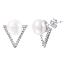 Load image into Gallery viewer, High Polished Sterling Silver Rhodium Plated Clear CZ Paved Open Triangle Stud Earrings with Round White PearlAnd Earring Dimensions of 18MMx15MM