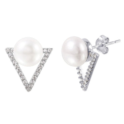 High Polished Sterling Silver Rhodium Plated Clear CZ Paved Open Triangle Stud Earrings with Round White PearlAnd Earring Dimensions of 18MMx15MM