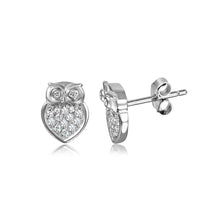 Load image into Gallery viewer, High Polished Sterling Silver Stylish Owl with Round Clear Cz Stud EarringsAnd Earring Dimensions of 9.8MMx7.7MM