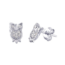 Load image into Gallery viewer, Sterling Silver Rhodium Plated Owl Shaped Stud Earrings With CZ Stones