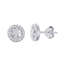 Load image into Gallery viewer, Sterling Silver Rhodium Plated Round Halo Earrings with High Polished Flower in the MiddleAnd Earring Diameter of 8MM and Friction Post Back