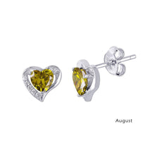 Load image into Gallery viewer, Sterling Silver Rhodium Plated Heart With Birthstone Center Stud Earrings