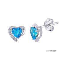 Load image into Gallery viewer, Sterling Silver Rhodium Plated Heart With Birthstone Center Stud Earrings