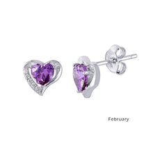 Load image into Gallery viewer, Sterling Silver Rhodium Plated Heart With Birthstone Center Stud Earrings