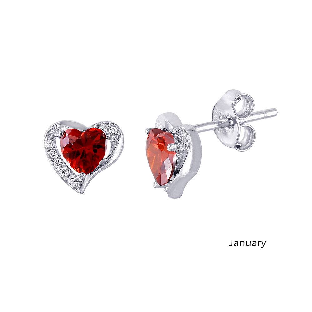 Sterling Silver Rhodium Plated Heart With Birthstone Center Stud Earrings