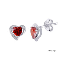 Load image into Gallery viewer, Sterling Silver Rhodium Plated Heart With Birthstone Center Stud Earrings