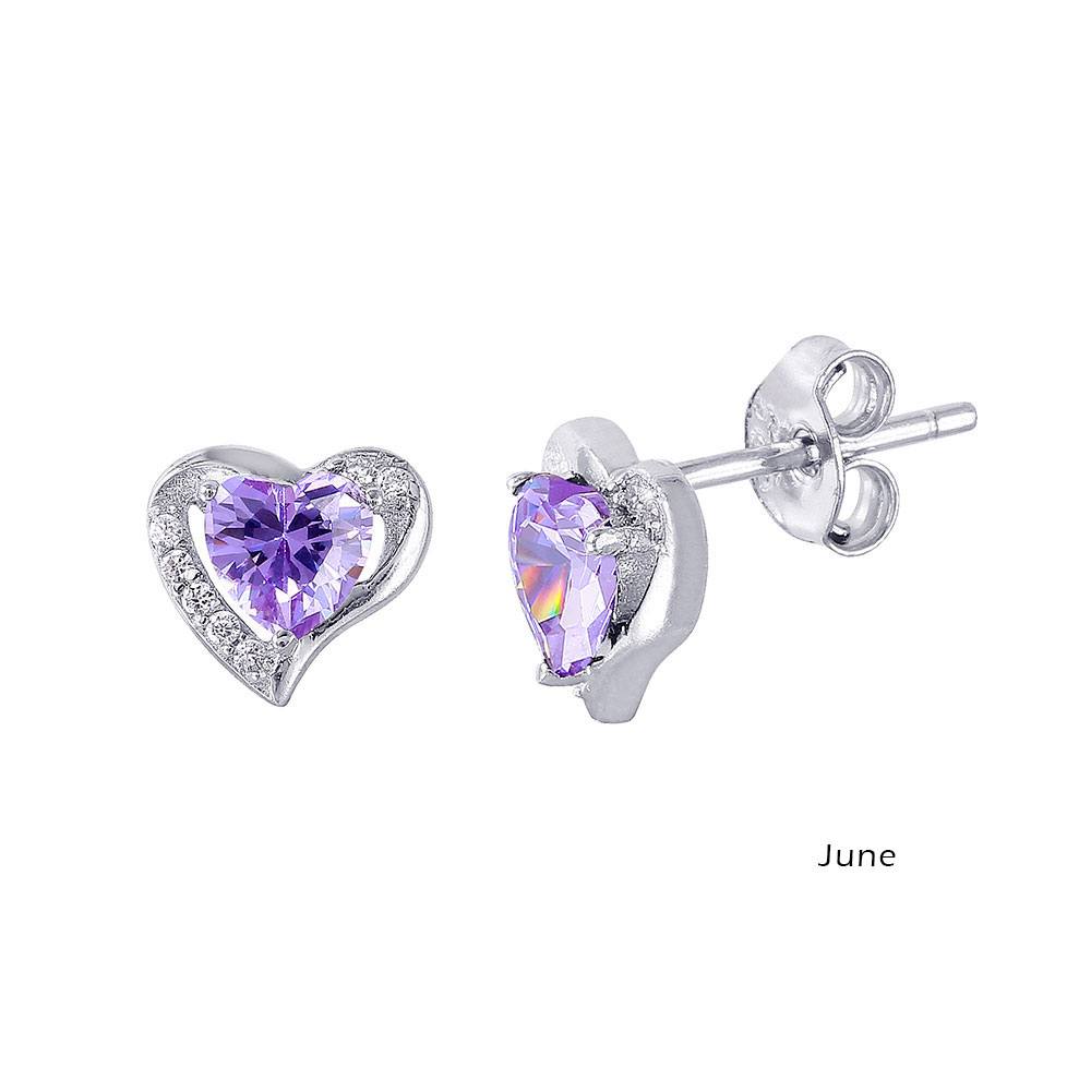 Sterling Silver Rhodium Plated Heart With Birthstone Center Stud Earrings