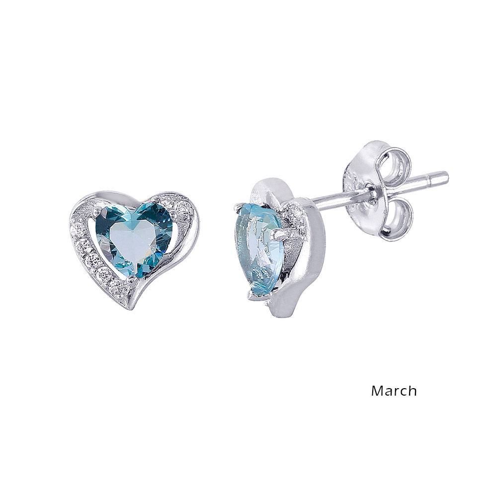 Sterling Silver Rhodium Plated Heart With Birthstone Center Stud Earrings