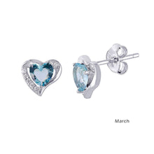 Load image into Gallery viewer, Sterling Silver Rhodium Plated Heart With Birthstone Center Stud Earrings