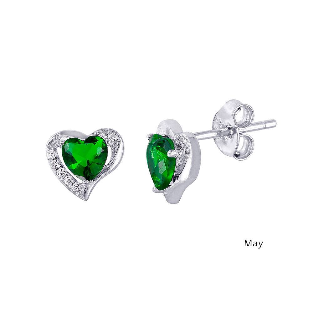 Sterling Silver Rhodium Plated Heart With Birthstone Center Stud Earrings