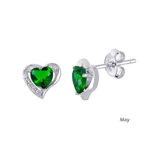 Load image into Gallery viewer, Sterling Silver Rhodium Plated Heart With Birthstone Center Stud Earrings