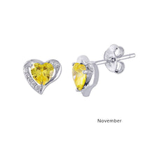 Load image into Gallery viewer, Sterling Silver Rhodium Plated Heart With Birthstone Center Stud Earrings