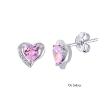 Load image into Gallery viewer, Sterling Silver Rhodium Plated Heart With Birthstone Center Stud Earrings