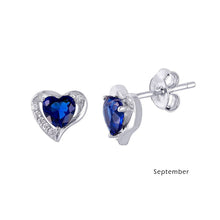Load image into Gallery viewer, Sterling Silver Rhodium Plated Heart With Birthstone Center Stud Earrings
