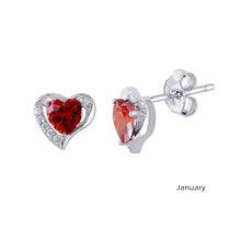 Load image into Gallery viewer, Sterling Silver Rhodium Plated Elegant Heart CZ Birth Earrings with Earring Dimensions of 7.9MMx8.6MM and Friction Back Post