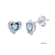 Load image into Gallery viewer, Sterling Silver Rhodium Plated Elegant Heart CZ Birth Earrings with Earring Dimensions of 7.9MMx8.6MM and Friction Back Post