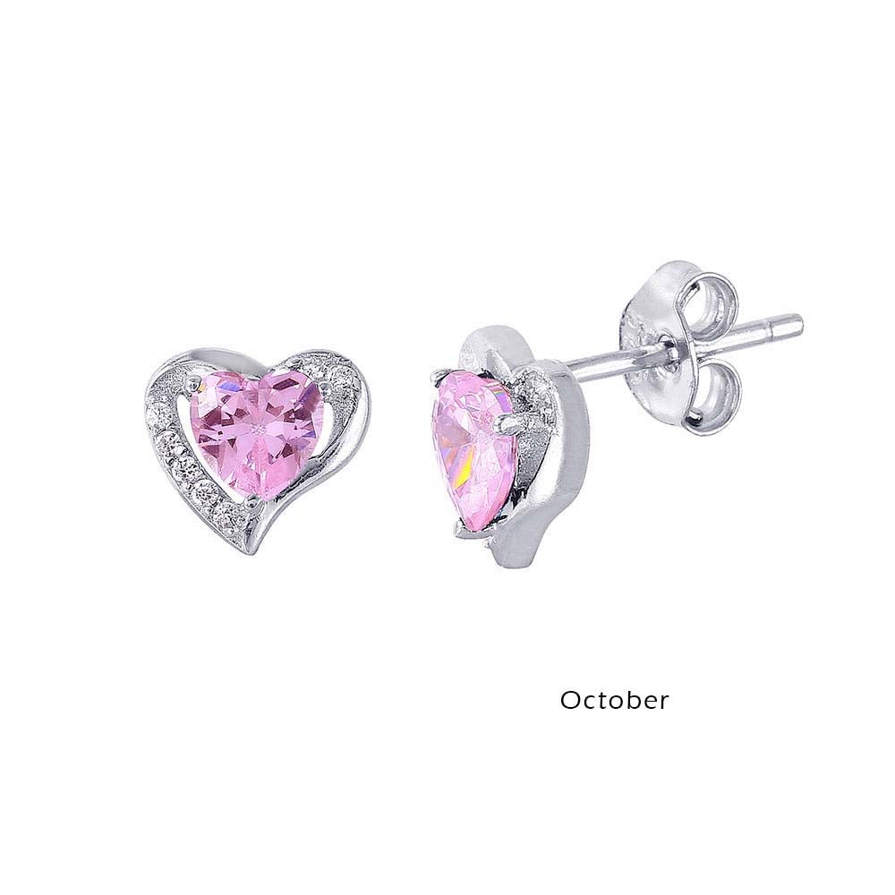Sterling Silver Rhodium Plated Elegant Heart CZ Birth Earrings with Earring Dimensions of 7.9MMx8.6MM and Friction Back Post