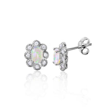 Load image into Gallery viewer, Rhodium Plated Sterling Silver Flower CZ Earrings with Synthetic Opal in the MiddleAnd Earring Dimensions of 10MMx8MM