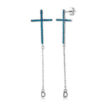 Load image into Gallery viewer, Sterling Silver Rhodium Plated Cross Earrings With Dangle Embedded with Synthetic TurquoiseAnd Cross Dimensions of 15MMx26.9MM and Friction Back Post