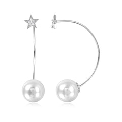 Sterling Silver Rhodium Plated Elegant CZ Paved Star with Hanging Synthetic White Pearl EarringsAnd Earring Length of 38.1MM and Pearl Diameter of 10.3MM