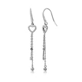 Sterling Silver Rhodium Plated CZ Paved Open Heart Earrings with Arrow and Ball Dangle