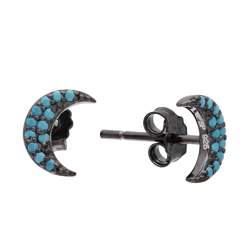 Sterling Silver Black Rhodium Plated Half Moon Shaped Earrings With Turquoise Stones