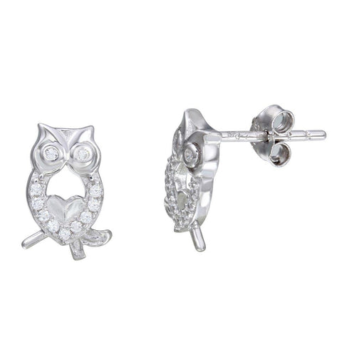 Sterling Silver Rhodium Plated Owl Shaped Stud Earrings With CZ Stones