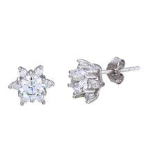Load image into Gallery viewer, Sterling Silver Rhodium Plated Flower Shaped Stud Earrings With CZ Stones