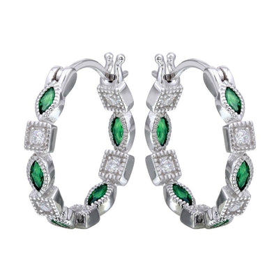 Sterling Silver Rhodium Plated Inner And Outer Green Clear CZ Hoop Earrings