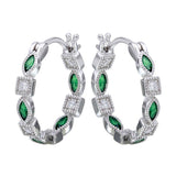 Sterling Silver Rhodium Plated Inner And Outer Green Clear CZ Hoop Earrings