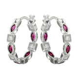 Sterling Silver Rhodium Plated Inner And Outer Red Clear CZ Hoop Earrings