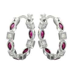 Sterling Silver Rhodium Plated Inner And Outer Red Clear CZ Hoop Earrings